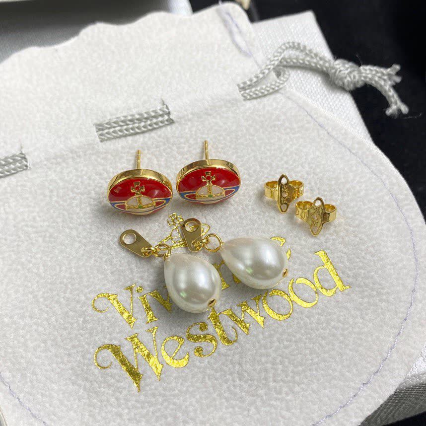 Vivienne Westwood Red Enamel Pearl Drop Earrings